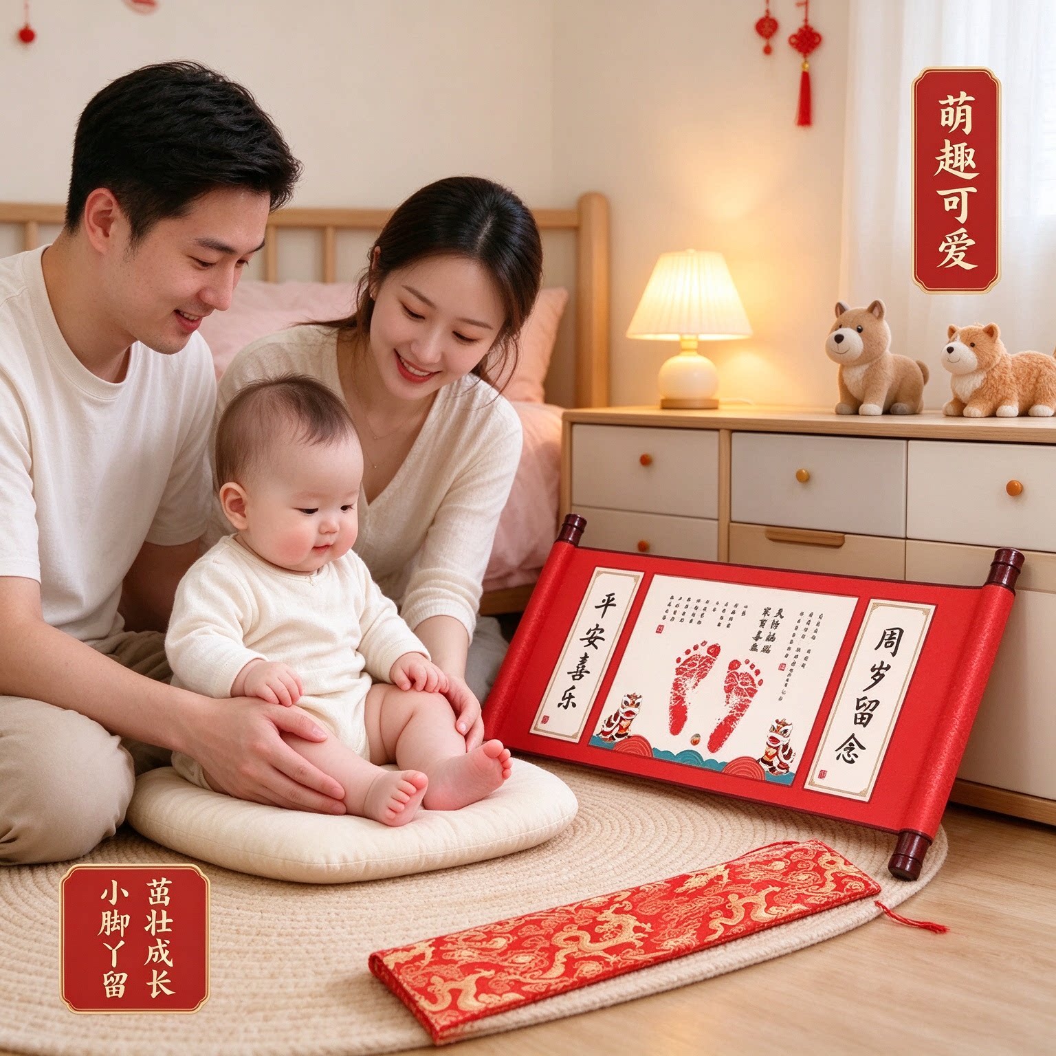 周岁礼盒加长款宝宝脚印画纪念品亲笔题写萌趣可爱茁壮成长小脚丫