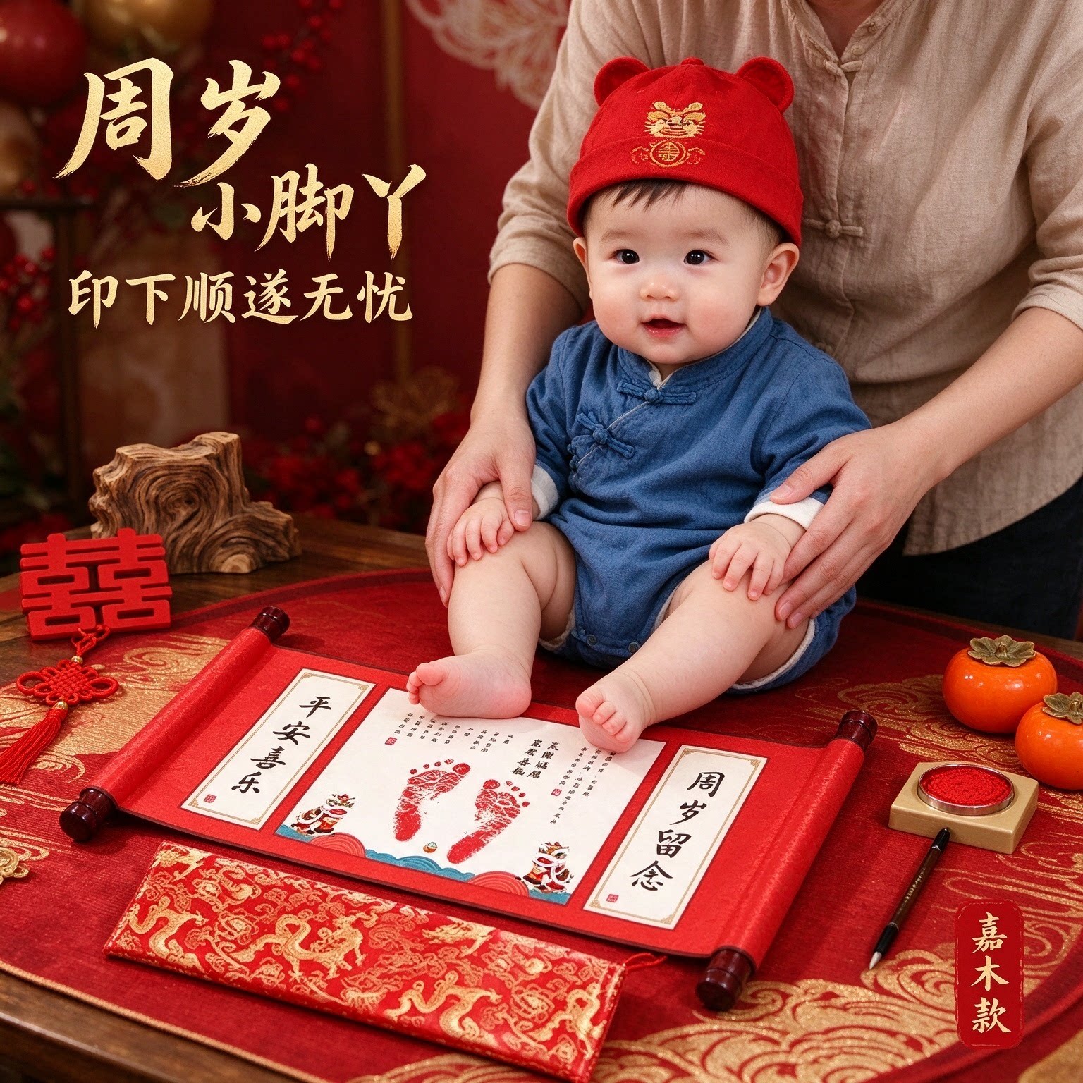 小脚丫周岁宝宝宴婴儿手印脚印顺遂无忧纪念卷轴画茁壮成长仪式感