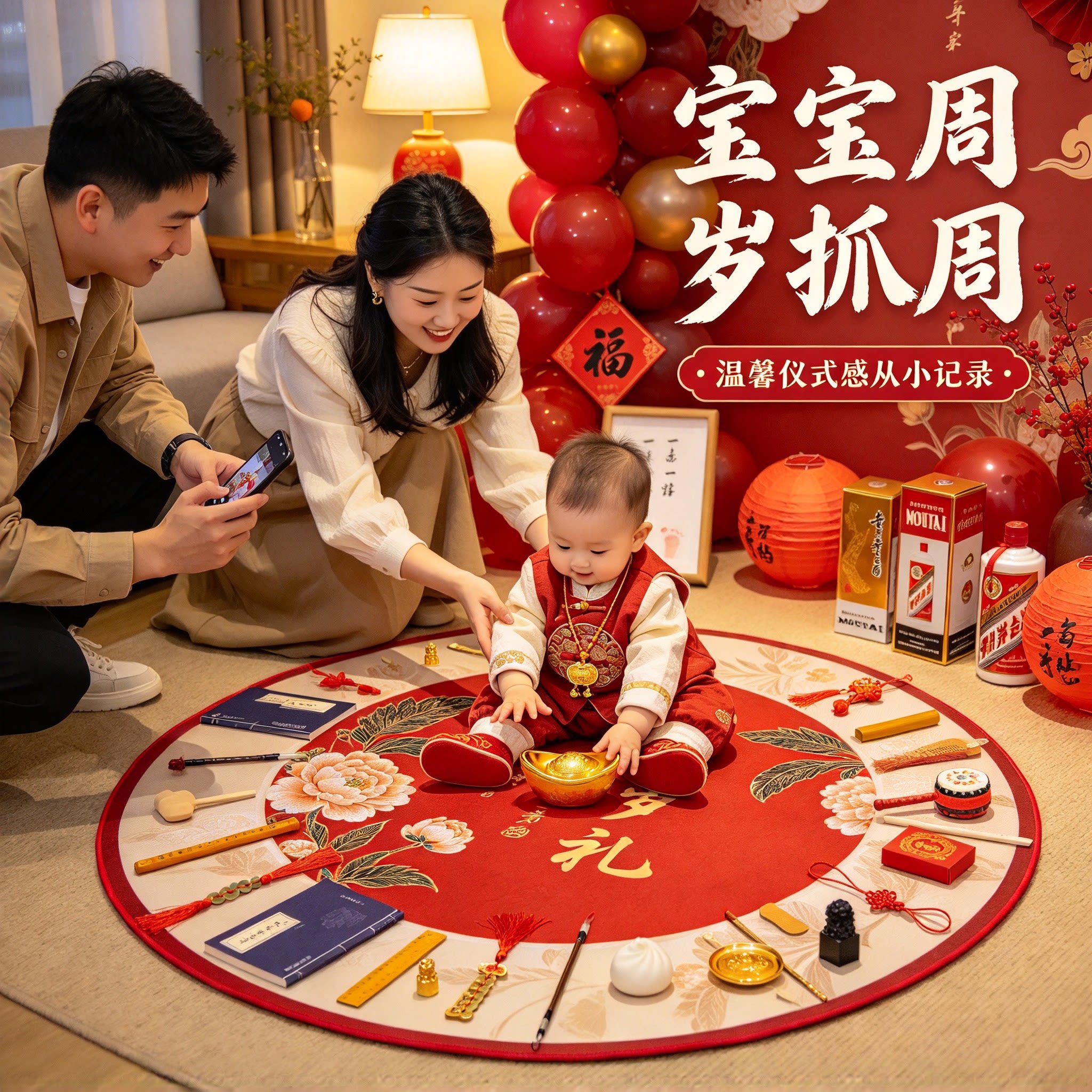 抓周用品一周岁道具婴儿18件套2026新款送封酒贴生日布置一整套