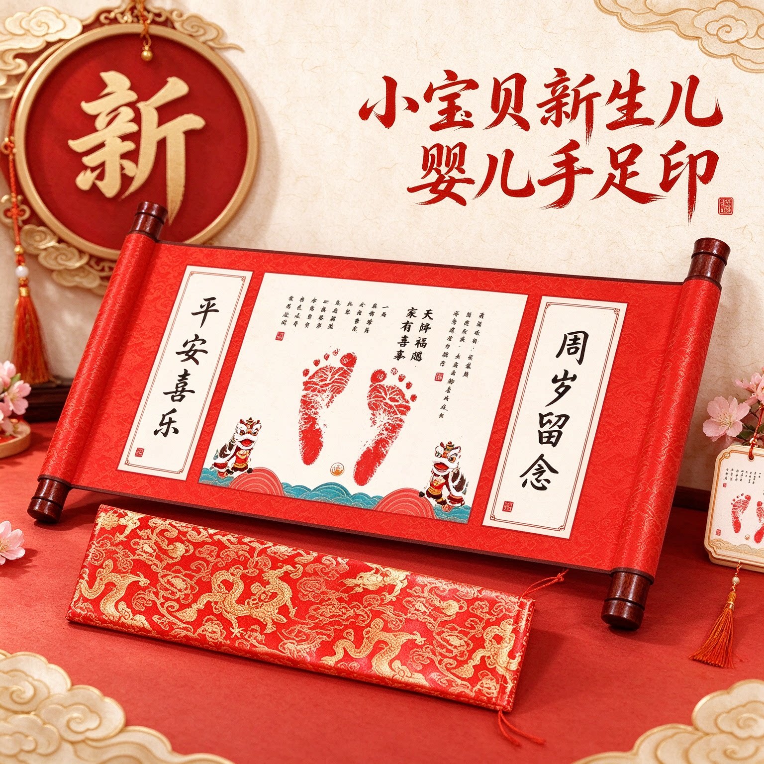 小宝贝新生儿婴儿手足印一岁一礼卷轴挂画喜气盈门喜乐安康有心意