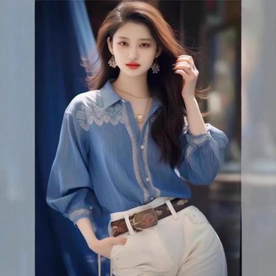 2025春季新款女装港风复古蓝色