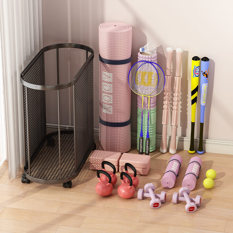 瑜伽垫收纳筐家用带轮健身运动器材收纳篮球收纳架羽毛球拍置物架