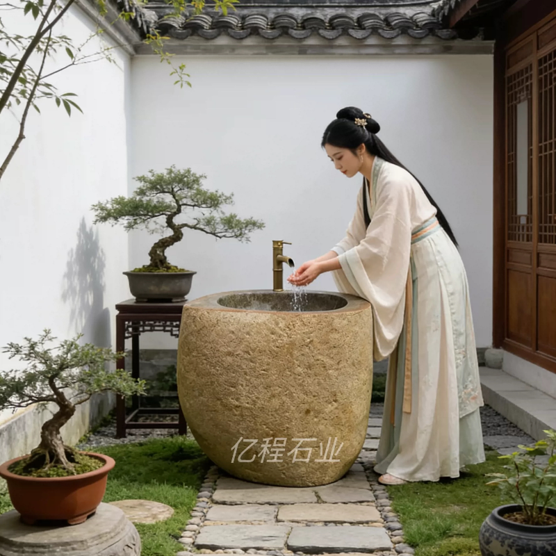 天然石头台立柱洗盆庭院连体洗手盆鹅卵石简约水槽别墅现代石雕
