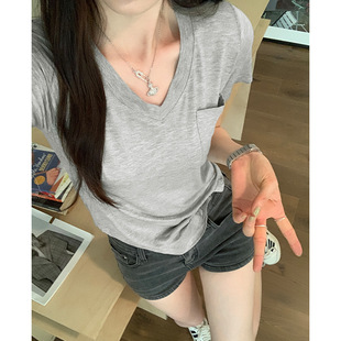 T恤女夏新款 热销纯欲V领正肩短袖 辣妹设计感不规则收腰打底上衣