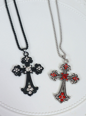 哥特花纹大十字架项链钻百搭饰品