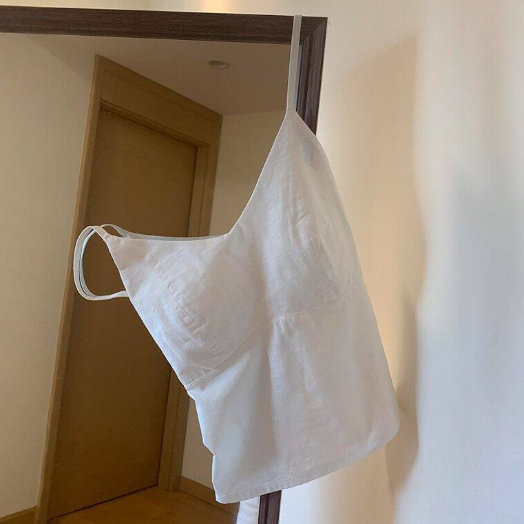 我天…棉麻天花板~显瘦夏天白色亚麻吊带轻薄V领带胸垫内搭美背心
