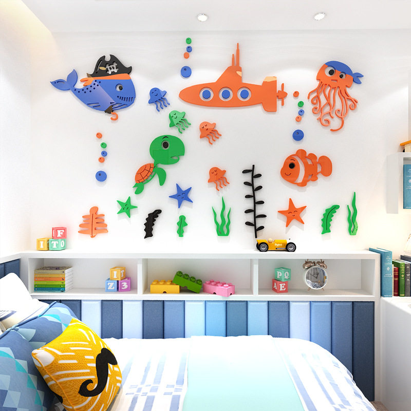 上新幼儿园儿童房海洋馆海底世界鱼3d立体墙贴亚克力画卫生间装饰