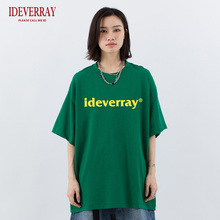 美式 ideverray品牌 男设计感简约T恤女 复古logo字母撞色印花短袖