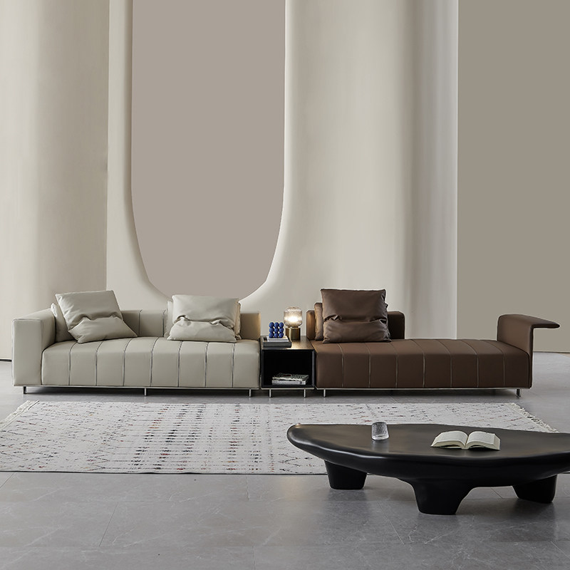 钢琴键沙发进口头层牛皮现代客厅轻奢大平层直排拼接撞色真皮沙发