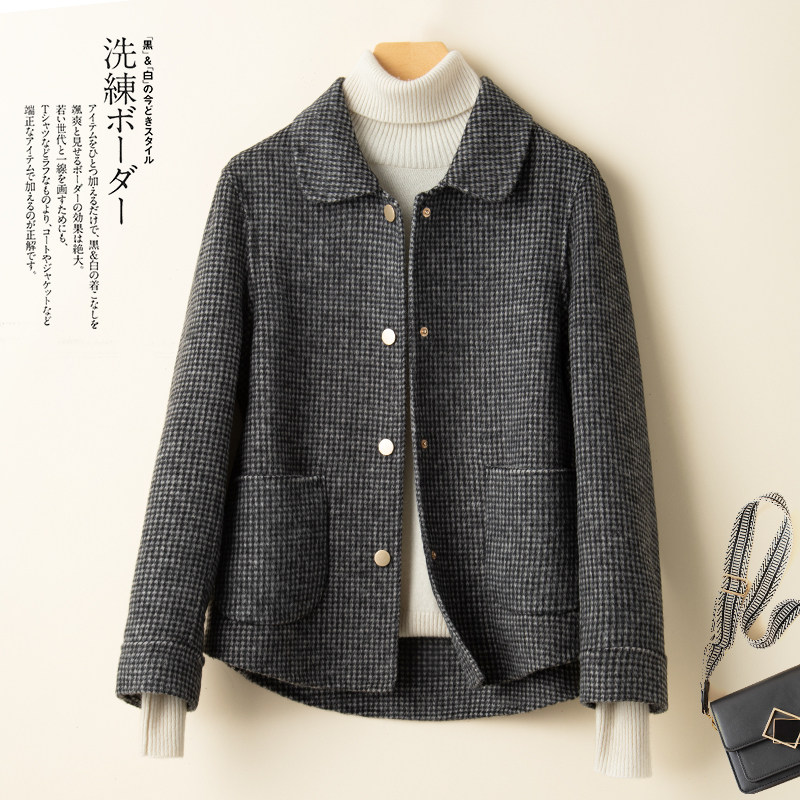 反季双面羊绒大衣女小个子短款千鸟格毛呢外套娃娃领羊毛呢子宽松