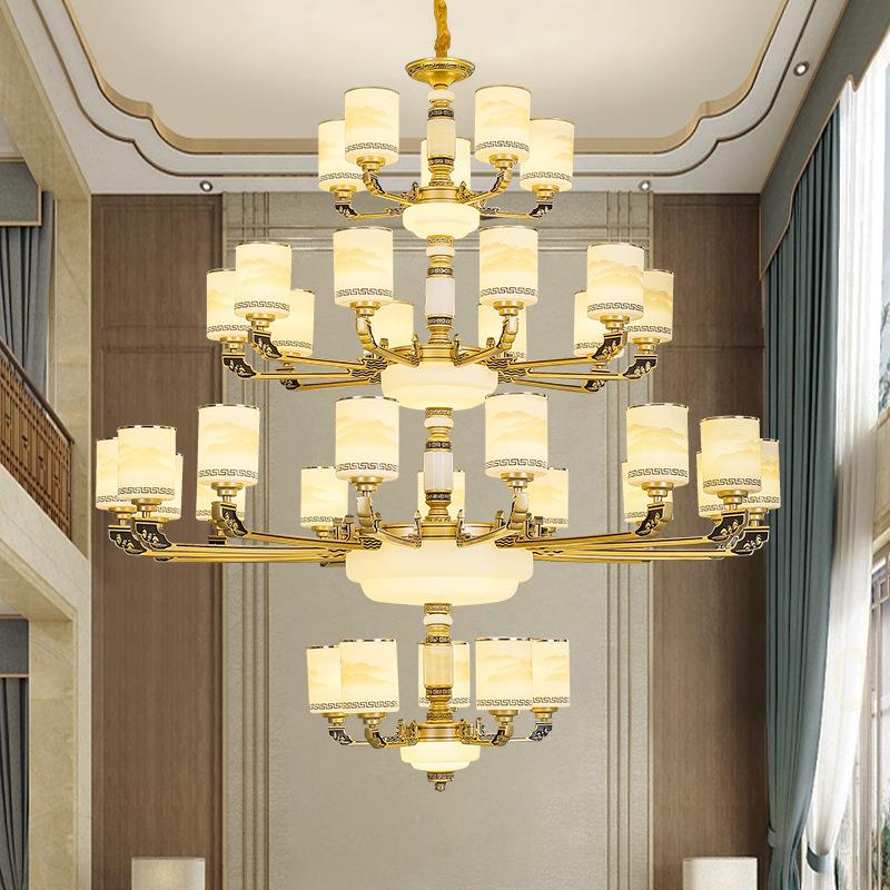 新中式别墅复式楼大吊灯2020年新款客厅餐厅玉石大灯高档家用灯具