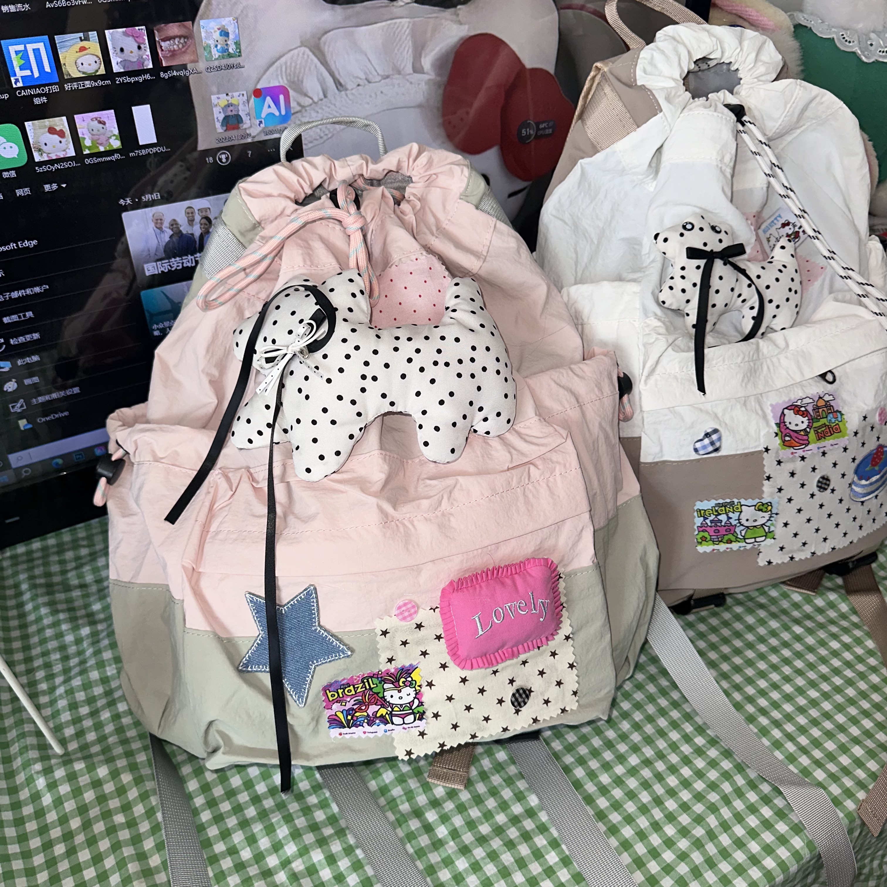 黑樱酱 日韩复古y2k辣妹甜酷撞色贴布慵懒抽绳百搭休闲户外双肩包