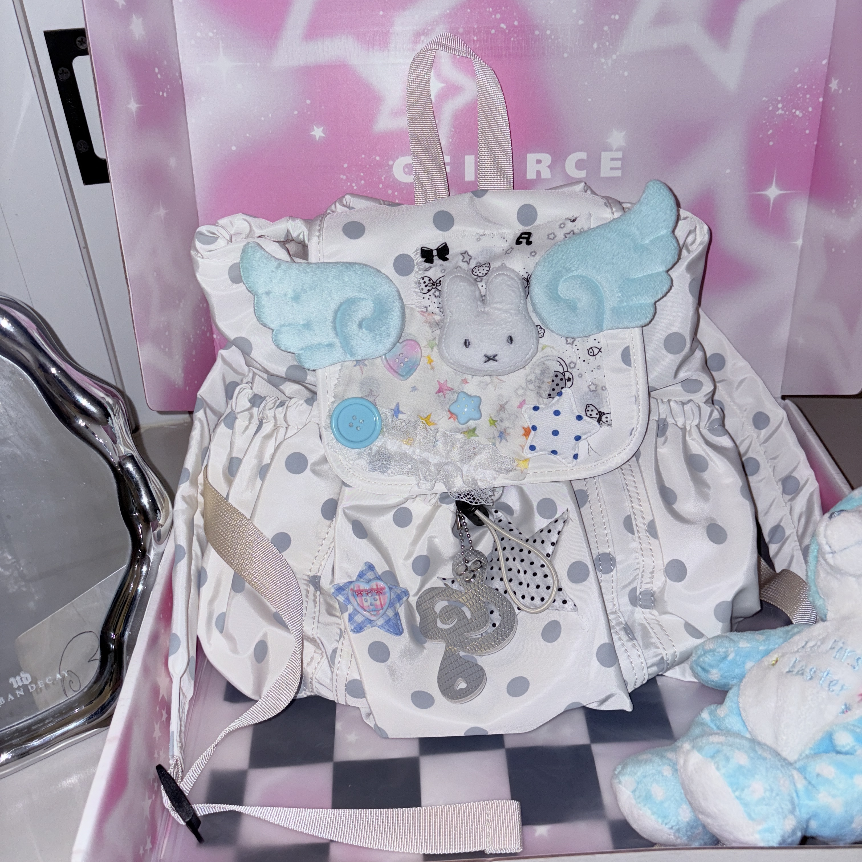 黑樱酱 自制小兔天使日韩抽绳翅膀音符星星可爱y2k千禧复古双肩包