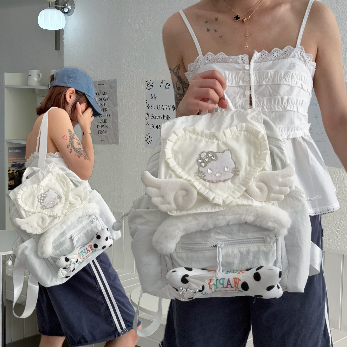 黑樱酱 原创白色天使Kt韩系翅膀波点骨头轻便可爱小众休闲双肩包