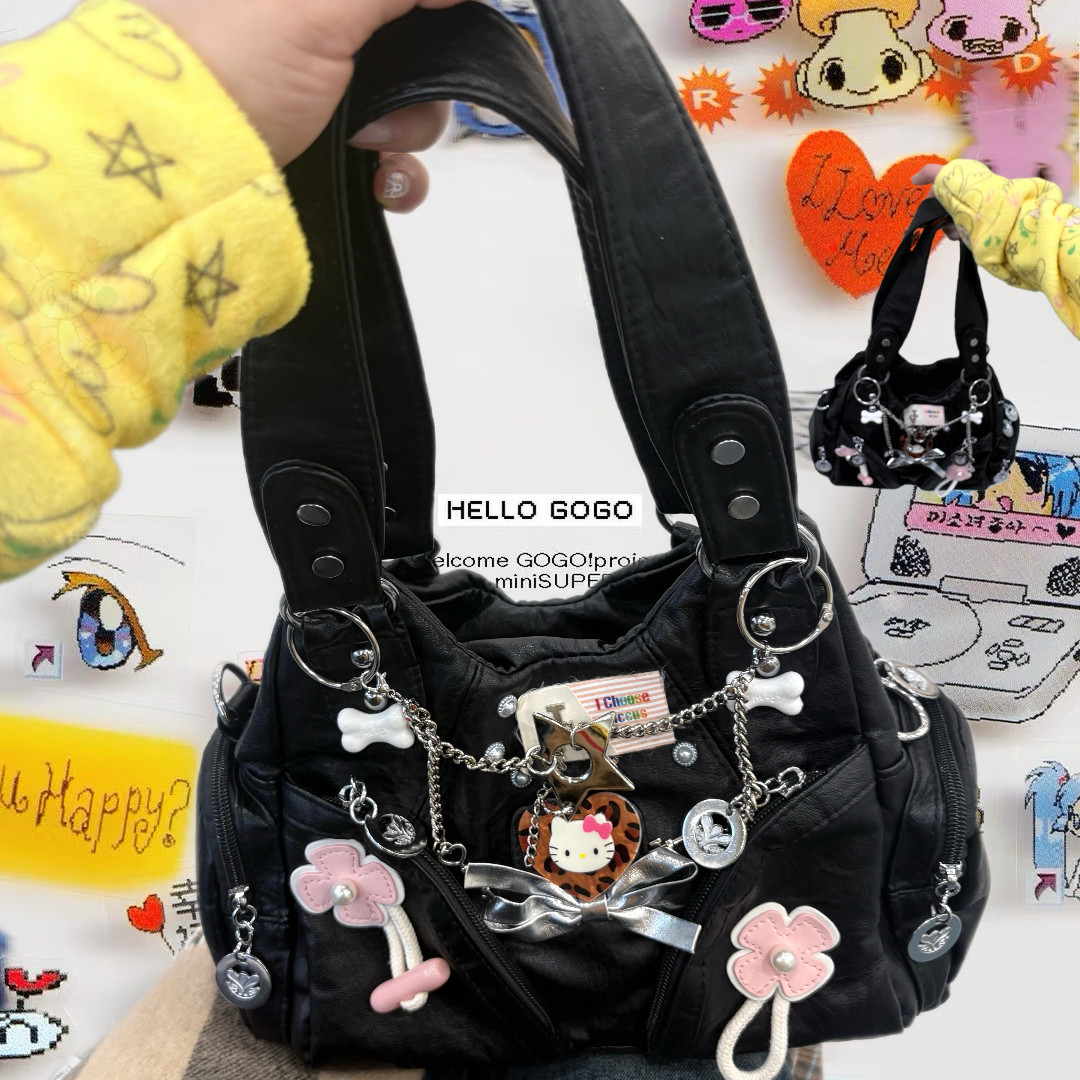 黑樱酱 中古感Vintage千禧复古软皮爱心Kt机车包辣妹单肩斜挎包