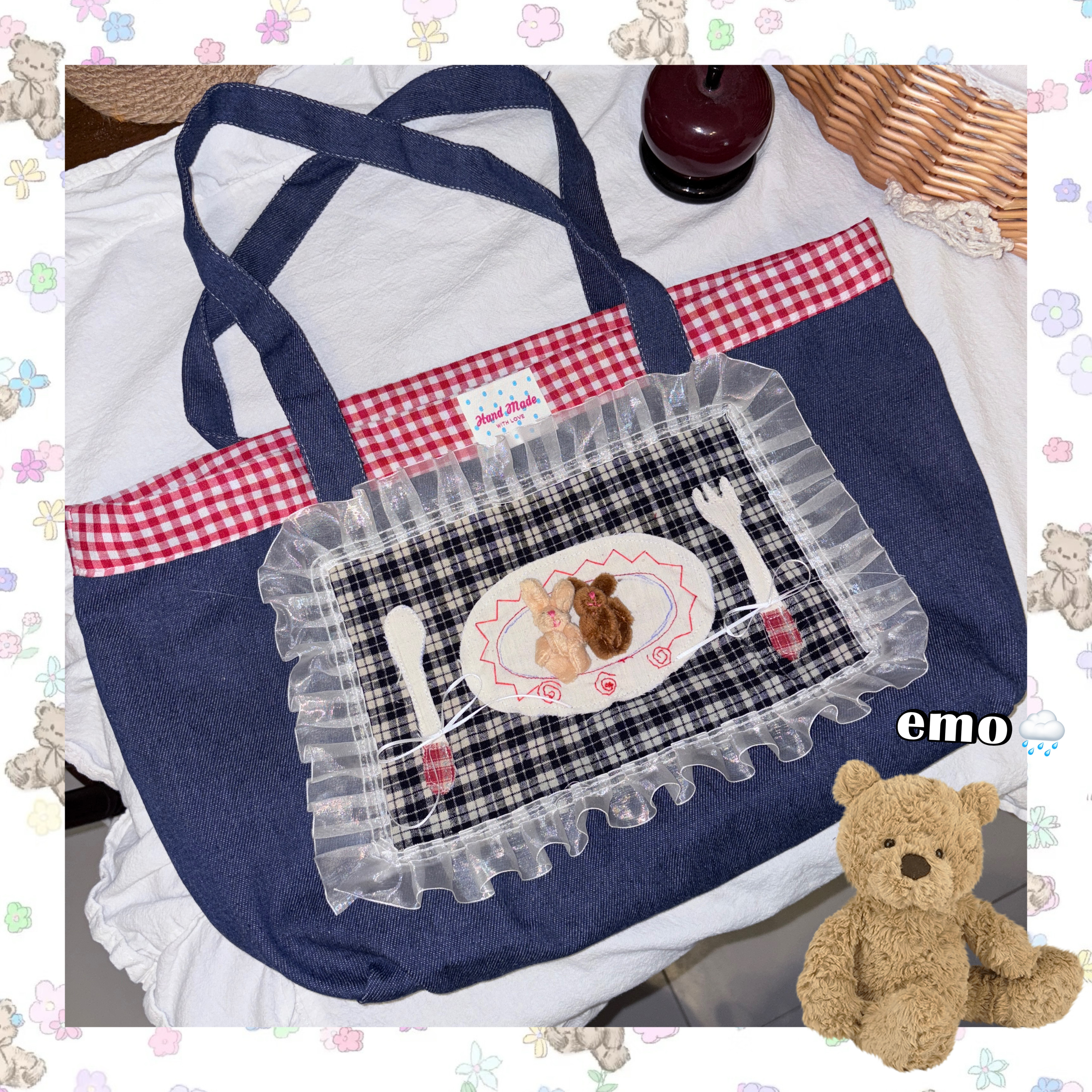 黑樱酱 原创-与小熊共进晚餐～日系复古童趣可爱牛仔大容量单肩包,箱包皮具/热销女包/男包,单肩包,淘宝优惠券,粉丝福利购,淘宝优惠卷