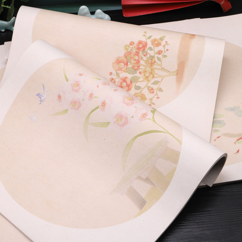 圆形图案宣纸空白半生半熟团扇斗方扇面半生熟小楷毛笔字练习作品专用印花正方形加厚仿古复古花笺艺术微喷