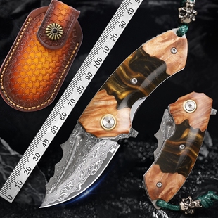 小黄牛进口大马士革钢折叠刀手工高硬度锋利户外小刀野营求生折刀