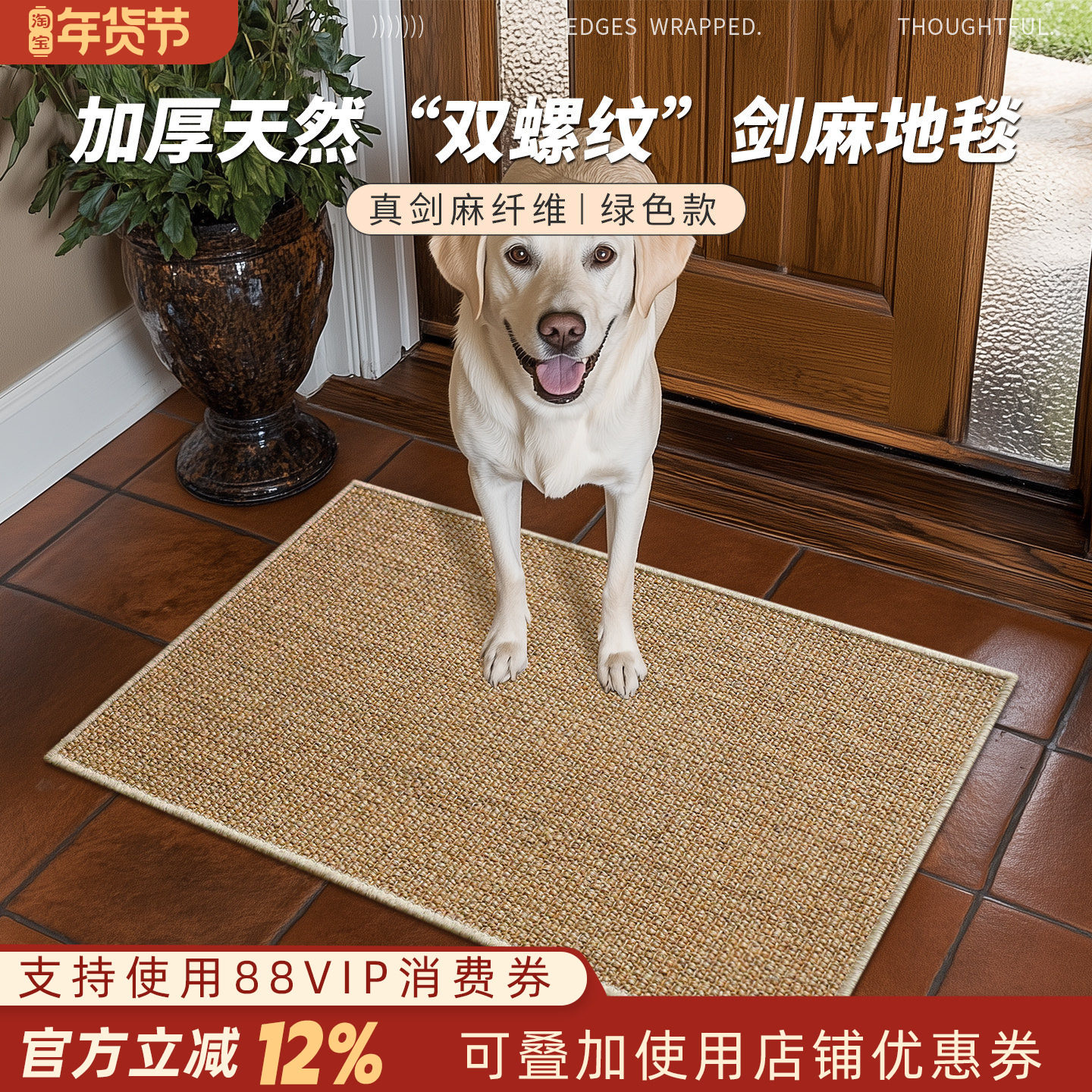 加厚双螺纹天然真剑麻地毯客厅卧室玄关入户现代简约百搭环保地垫,居家布艺,入户地垫,淘宝优惠券,粉丝福利购,淘宝优惠卷