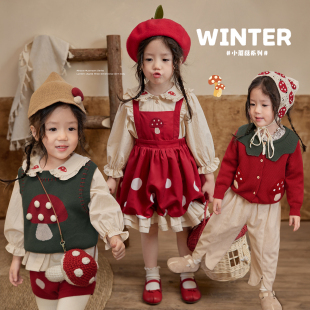 宝宝新年套装 套装 女洋气2024春季 婴儿蘑菇背带裤 新款 陈大猪小O宝