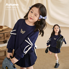 小O宝Okids童装宝宝蝴蝶结卫衣女蓝色2025秋季新款女童开学季上衣