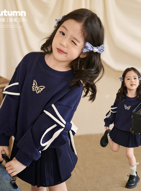 小O宝Okids童装宝宝蝴蝶结卫衣女蓝色2025秋季新款女童开学季上衣