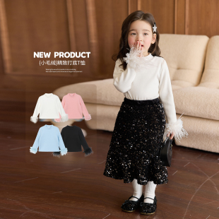 长袖 女半高领2025冬女童毛边袖 针织t恤 宝宝加绒打底衫 小O宝童装