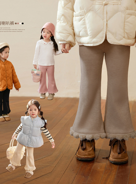 陈大猪小O宝Okids宝宝喇叭裤女加绒仿羊绒毛球花边2025新秋冬裤子