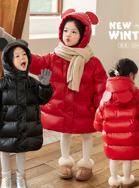 小O宝童装 宝宝红色米奇羽绒服女2025冬装儿童新年过年防水外套