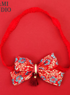 新生儿过年发带红色新年款婴儿蝴蝶结发饰中国风宝宝头饰满月百天