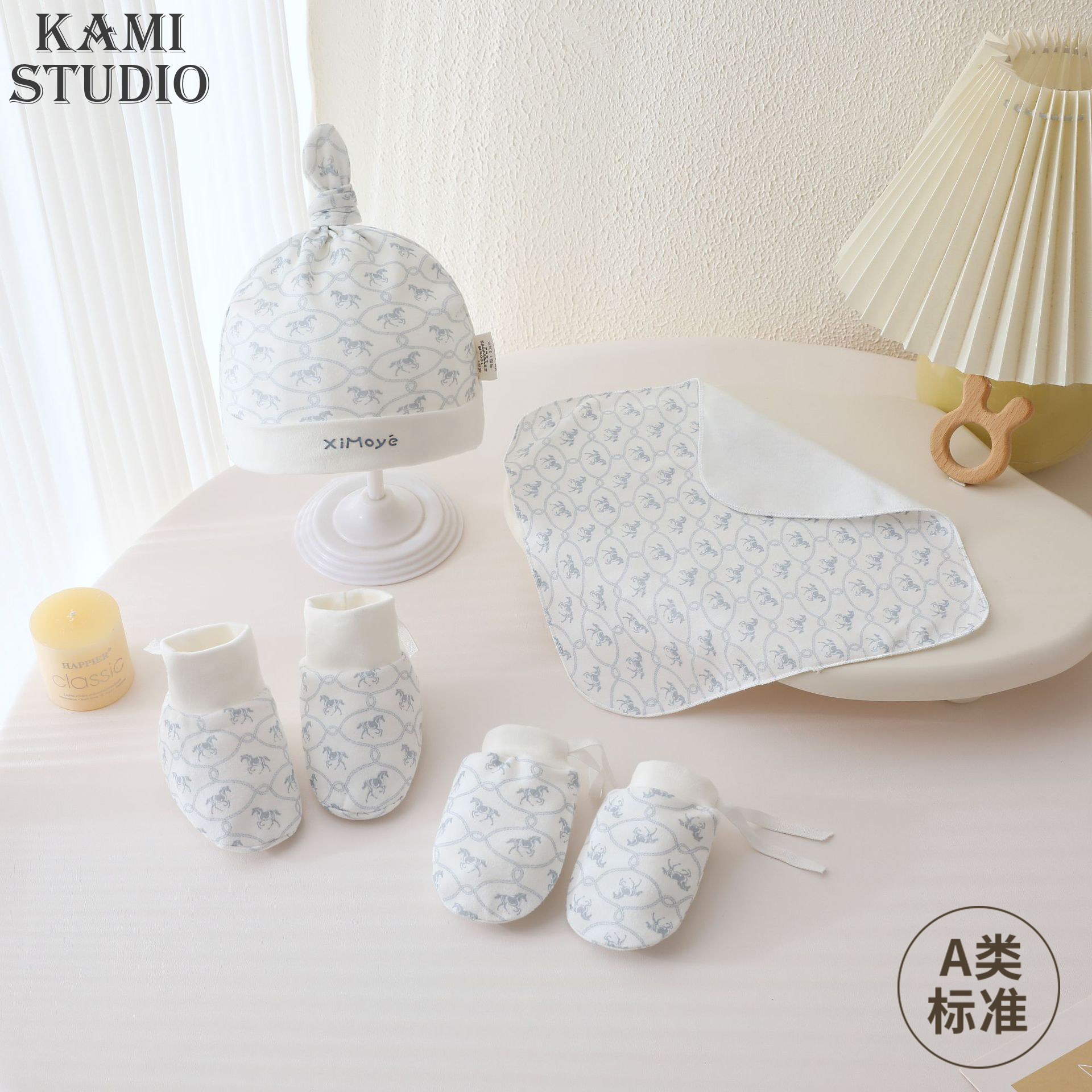 0-3个月新生婴幼儿胎帽A类棉质初生宝宝用品四件套手套袜子小方巾