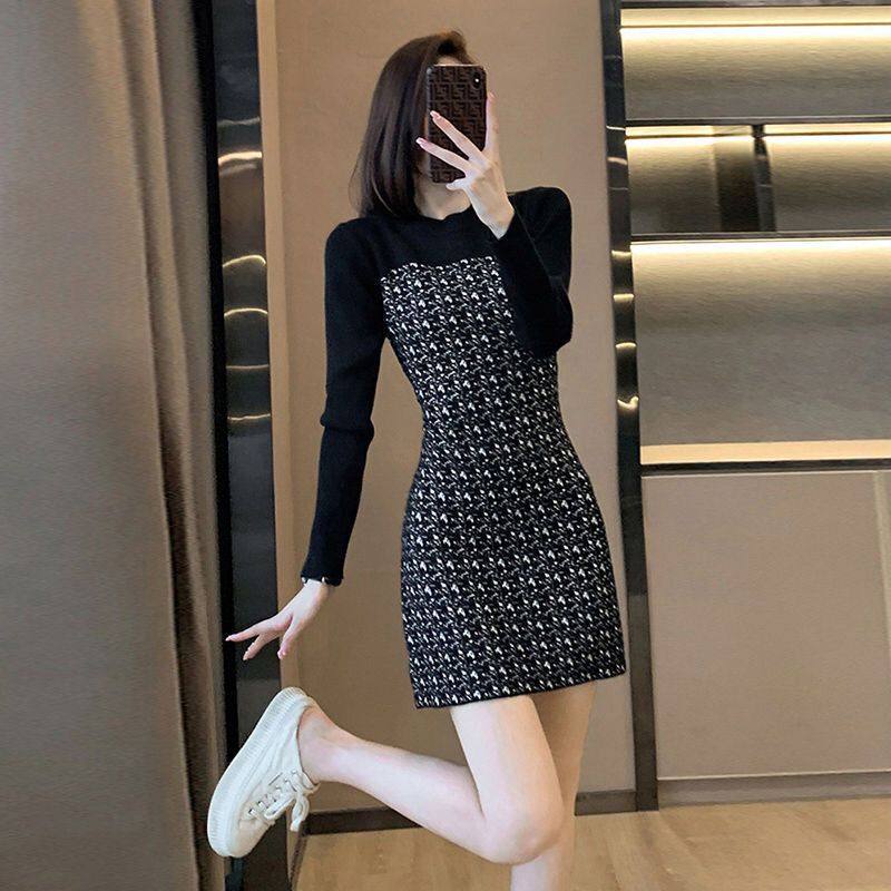 高级感法式掐腰针织连衣裙女秋季新款修身显瘦长袖假两件气质裙子