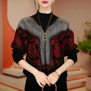 洋气减龄提花烫钻长袖针织衫女2025冬季新款百搭显瘦气质妈妈上衣