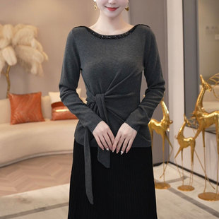 时尚系带收腰设计长袖针织衫女2025秋冬新款气质显瘦妈妈打底上衣