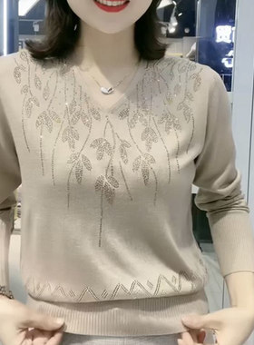 v领套头镶钻针织衫t恤大码女装潮