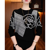 打底衫 洋气百搭拼色提花长袖 宽松显瘦妈妈装 女2025秋冬新款 针织衫