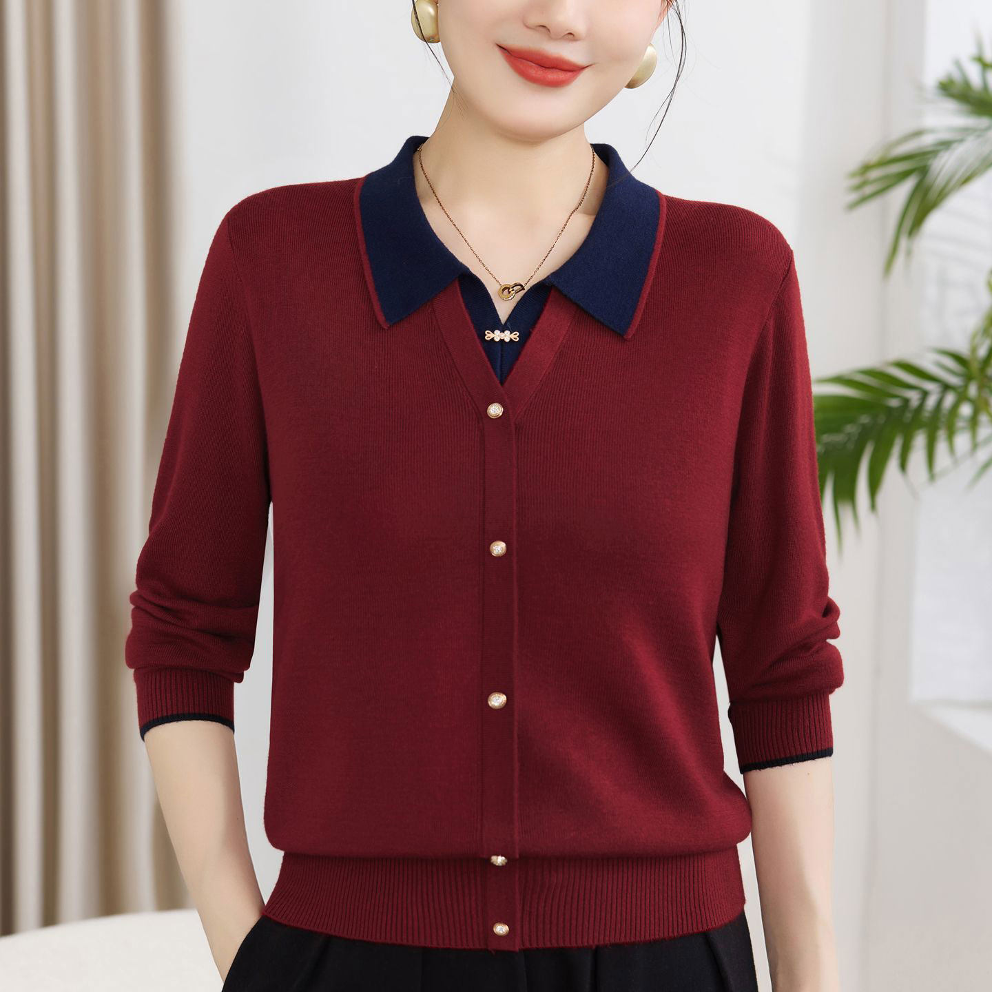 时尚撞色翻领长袖针织衫套头上衣