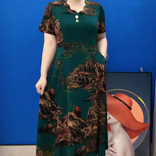 时尚山水花色短袖连衣裙女2024夏季新款中老年妈妈装洋气显瘦裙子