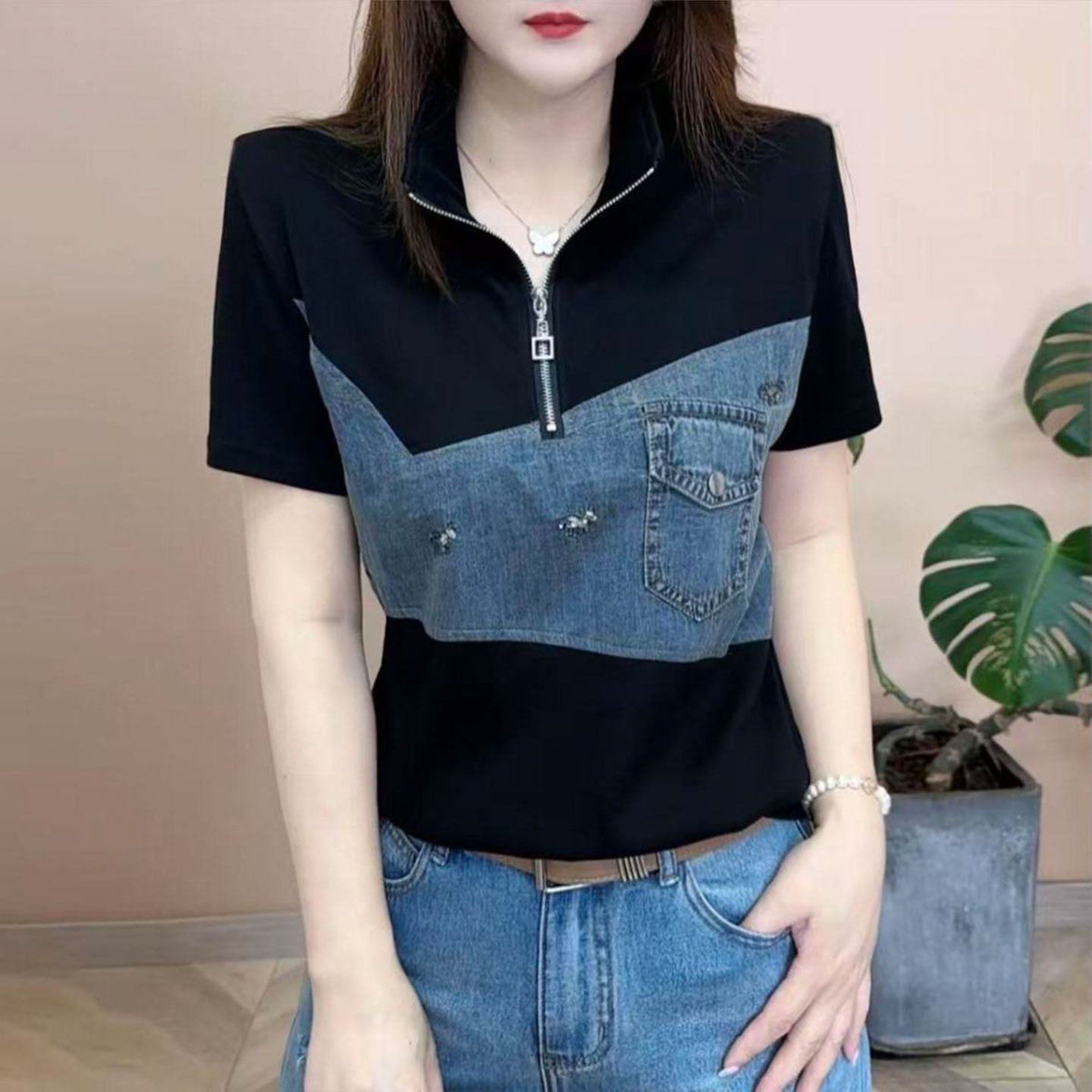 时尚立领半拉链拼接上衣女2026夏季新款宽松显瘦百搭拼色短袖小衫