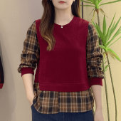 洋气宽松遮肚长袖 新款 妈妈上衣 假两件拼接格子卫衣女2024秋季 时尚