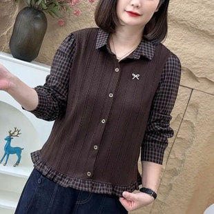 格纹拼接长袖假两件翻领衬衫秋季新款宽松显瘦百搭中老年女装上衣