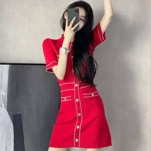 小众红色裙女士高端气质裙修身 法式 显瘦小香风连衣裙 新款 2023夏季