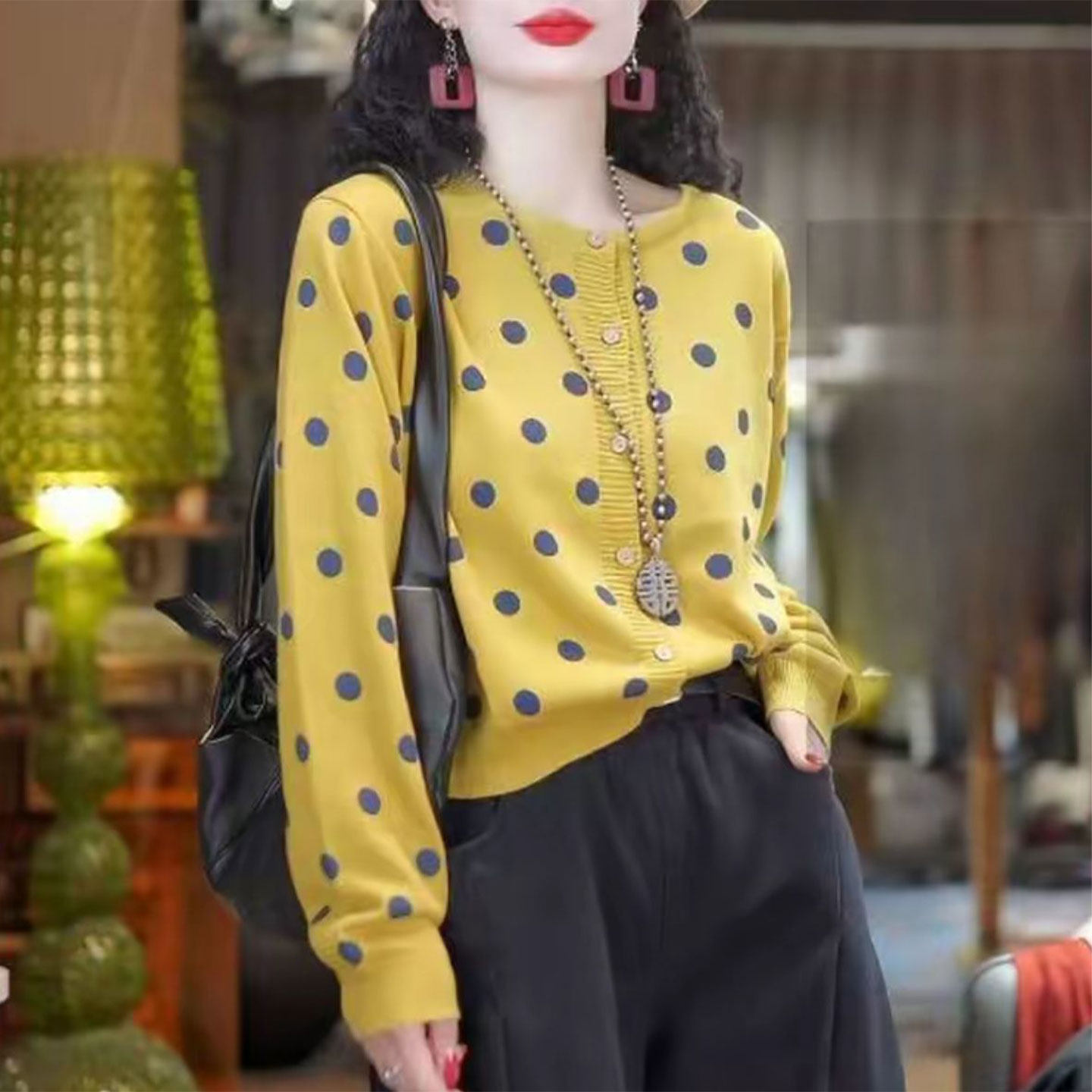 长袖圆领针织开衫女2025秋季新款时尚百搭宽松显瘦波点上衣妈妈装,女装/女士精品,毛针织衫,淘宝优惠券,粉丝福利购,淘宝优惠卷