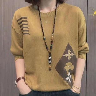 女2023秋季 时尚 中年妈妈长袖 打底衫 宽松遮肚百搭减龄针织上衣 新款