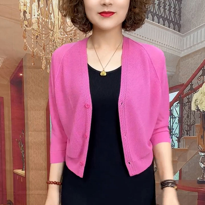 纯色气质百搭七分袖针织开衫女夏季新款宽松休闲轻薄透气妈妈外套