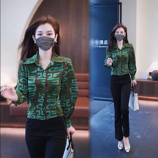 新款 上衣 时尚 2023秋季 显瘦长袖 大码 洋气修身 休闲百搭衬衫 中年女装