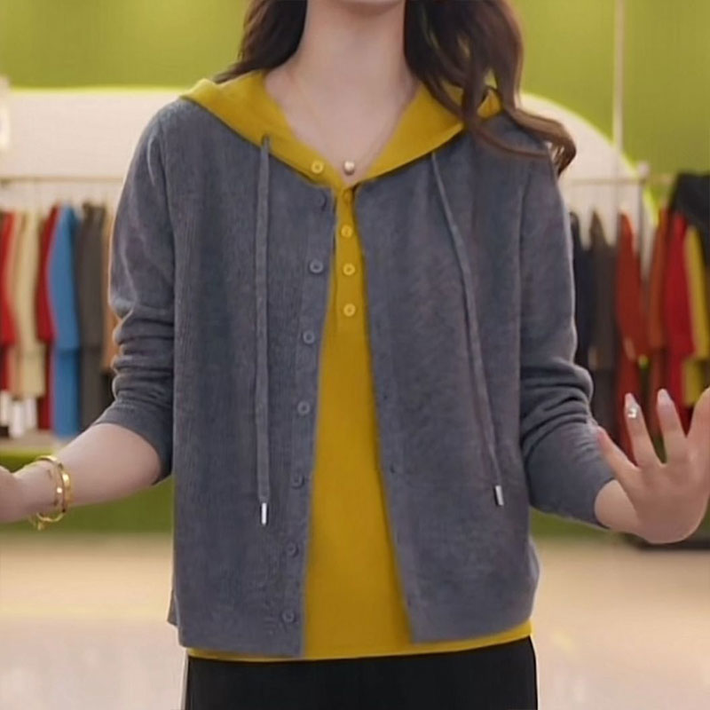 洋气时尚假两件连帽针织衫长袖女