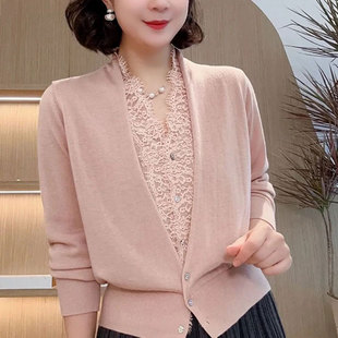 洋气减龄假两件蕾丝针织开衫女2025春秋新款宽松时尚妈妈长袖上衣