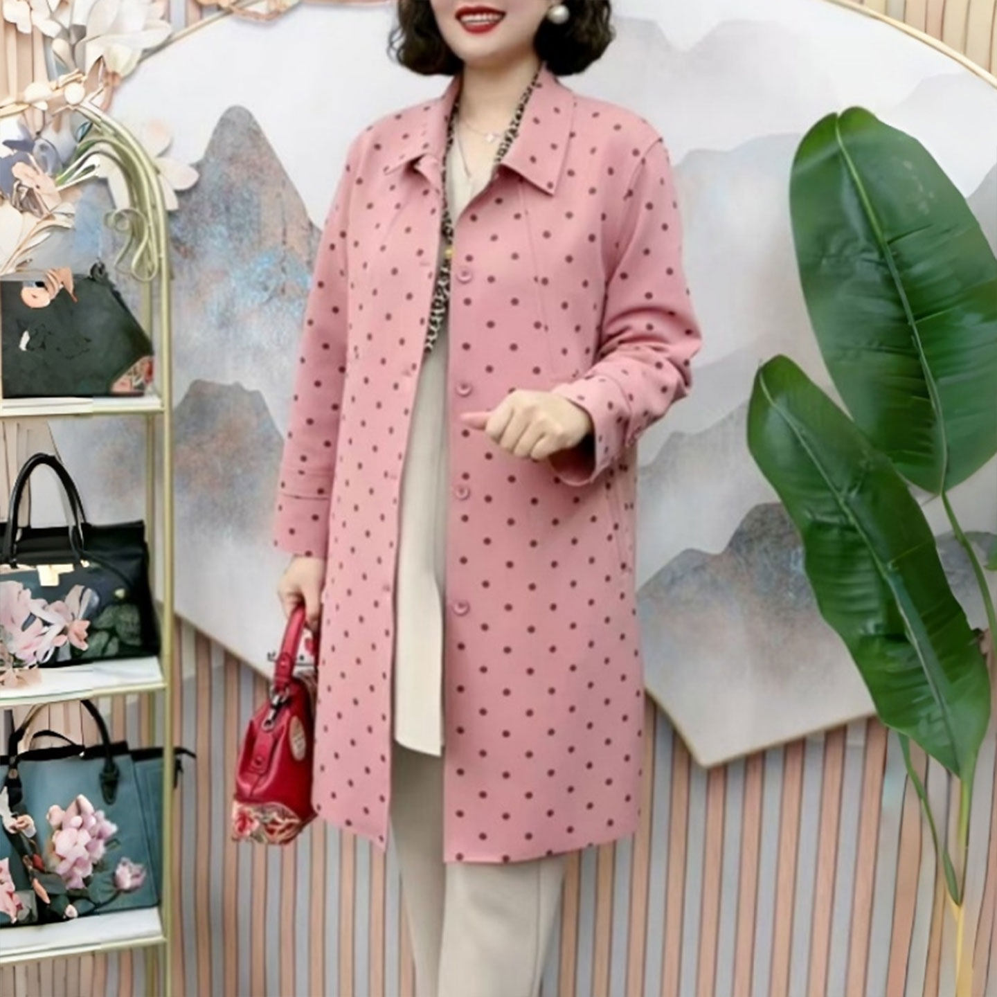 中年妈妈洋气波点中长款风衣女2026春秋新款宽松百搭气质减龄外套