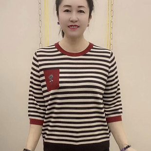 条纹五分袖 妈妈装 针织衫 新款 百搭宽松显瘦圆领上衣 女2025春季 时尚